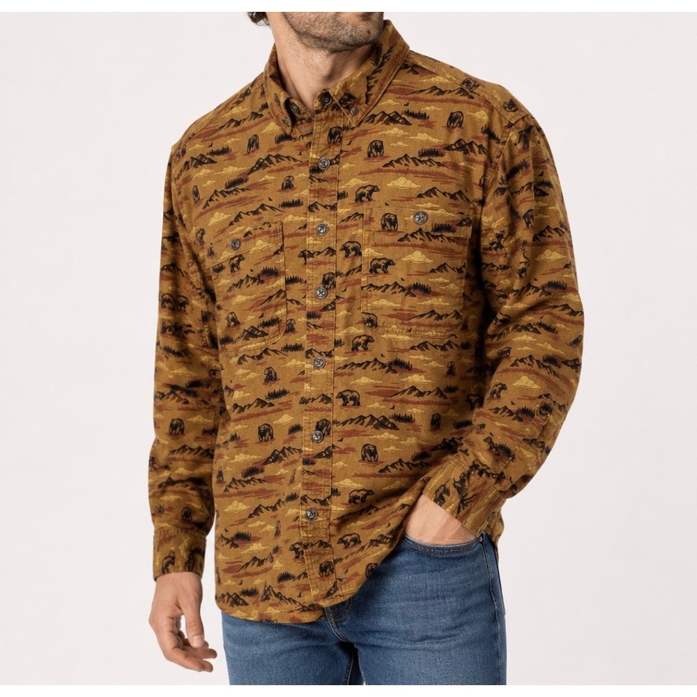 Duluth Trading Co Button Down Mens L Brown Bear Mountain Print Shirt Rugged